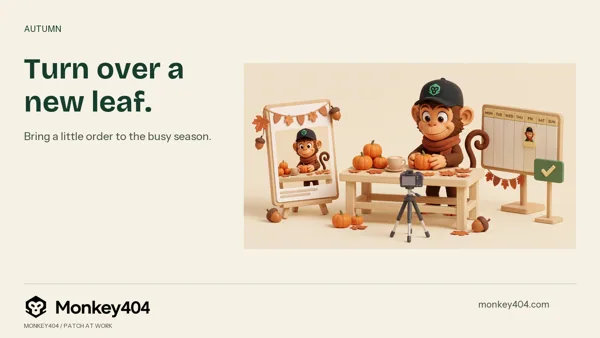 Patch wears his branded black cap and a rust scarf while arranging pumpkins beside a latte, autumn leaves, a camera, a social-post preview and content calendar.