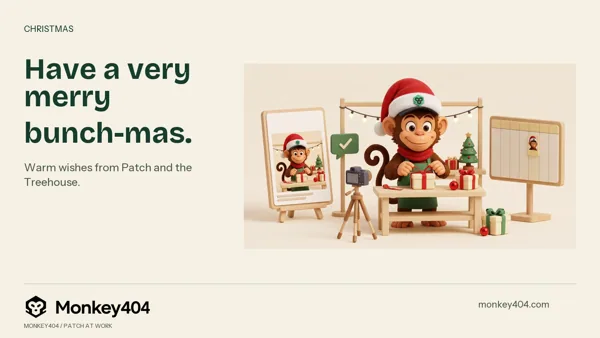 Patch wears a branded red Santa hat and ties a ribbon around a present, beside a Christmas tree, fairy lights, a post preview and content calendar.