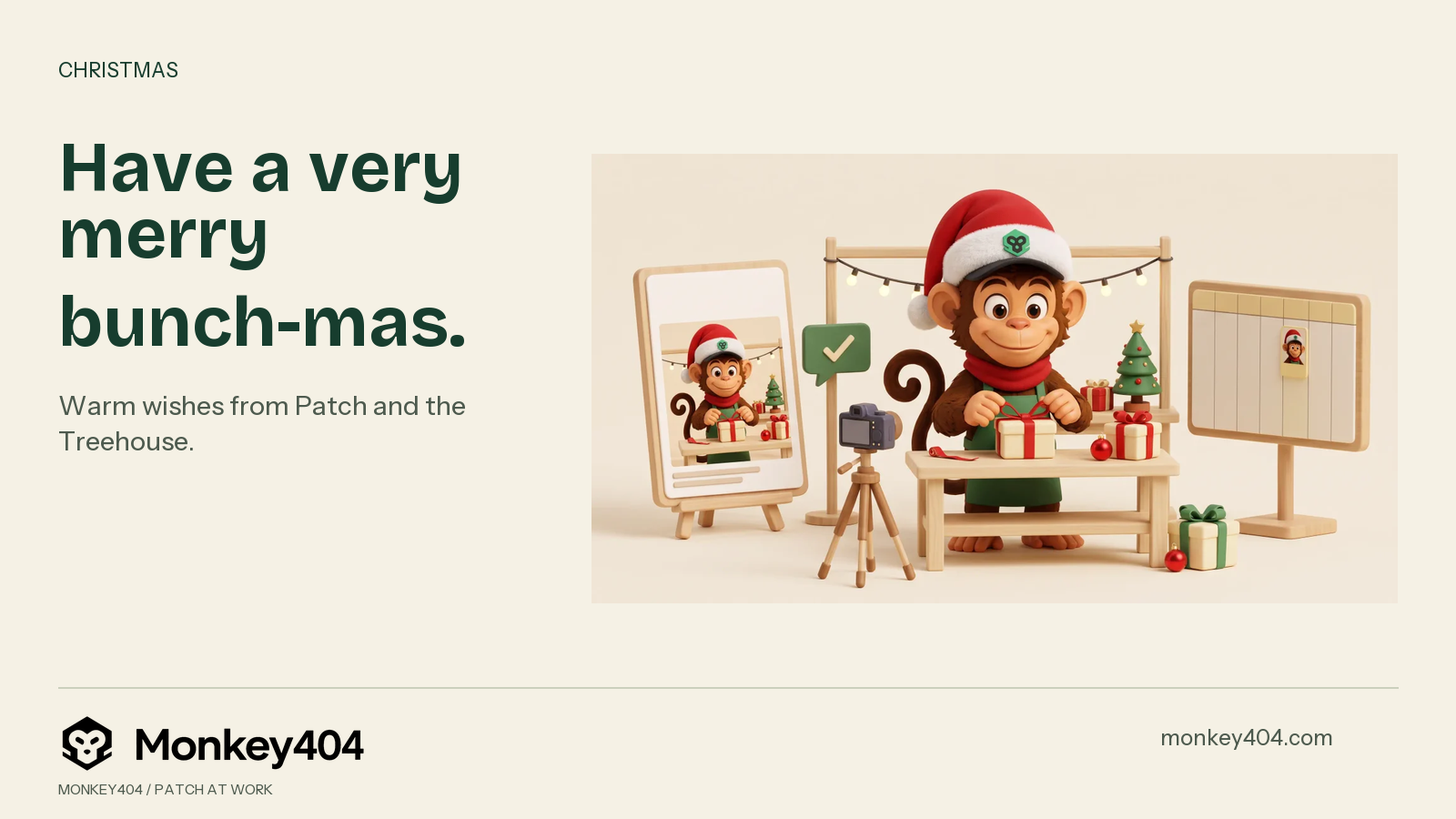 Patch wears a branded red Santa hat and ties a ribbon around a present, beside a Christmas tree, fairy lights, a post preview and content calendar. Have a very merry bunch-mas. Original Monkey404 branding.