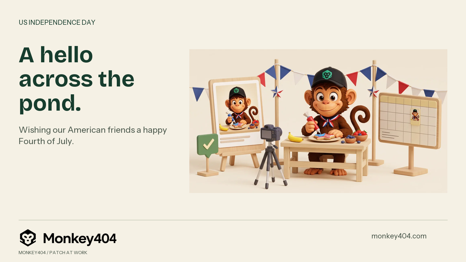 Patch decorates a star-shaped biscuit with red, white and blue icing beneath summer bunting, beside a matching post preview, feedback check and content calendar. A hello across the pond. Original Monkey404 branding.
