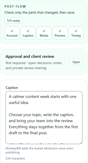 The actual Monkey404 composer with saved caption, selected media and review action.