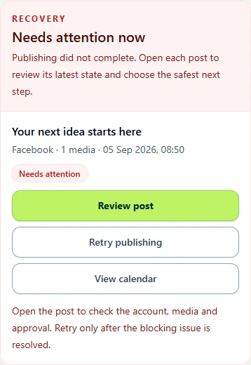 The actual Monkey404 recovery panel: a Facebook post needs attention, with Review post, Retry publishing and View calendar actions. The guidance says to resolve the blocking issue before retrying.