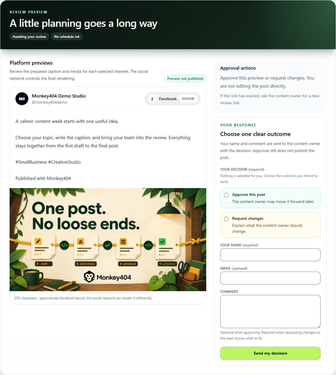 No-login review showing a post and approval choices.
