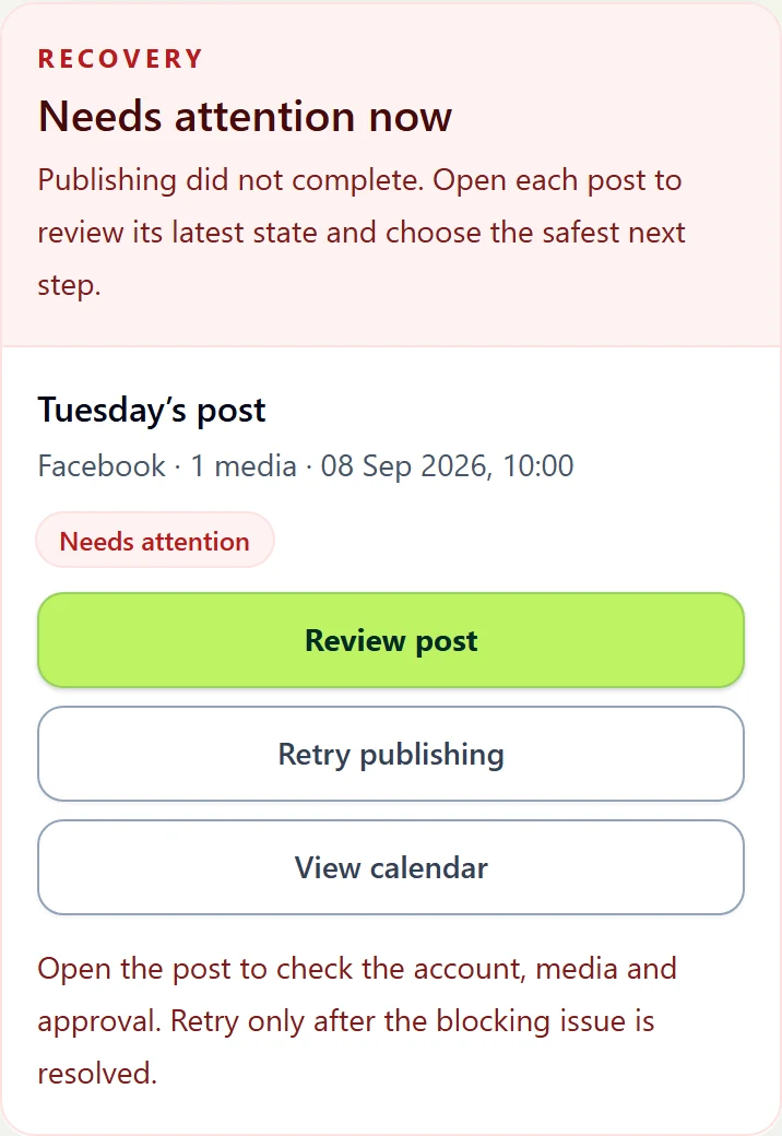 Actual publishing status interface showing an issue needing attention.