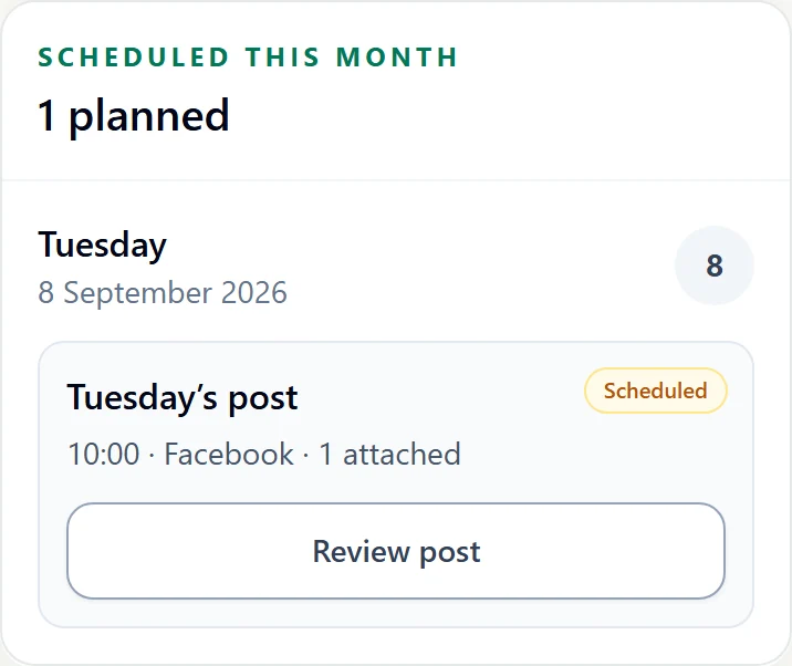 Saved schedule for an example Facebook post.