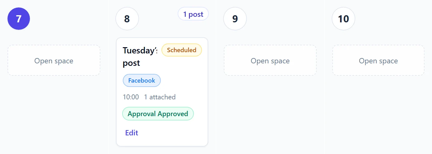 Actual Monkey404 calendar with example scheduled posts.