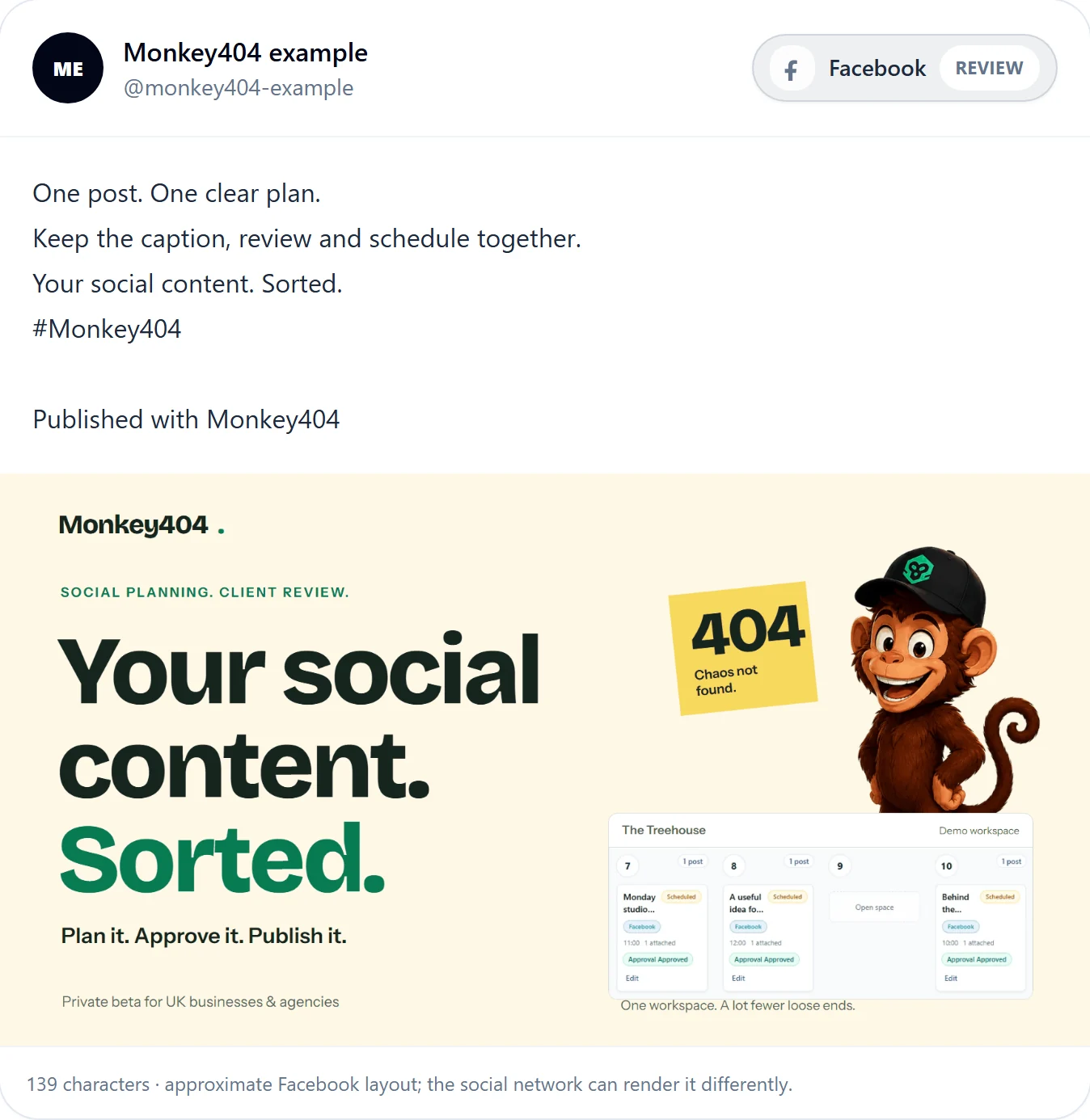 Actual Monkey404 client preview with clearly labelled example content.