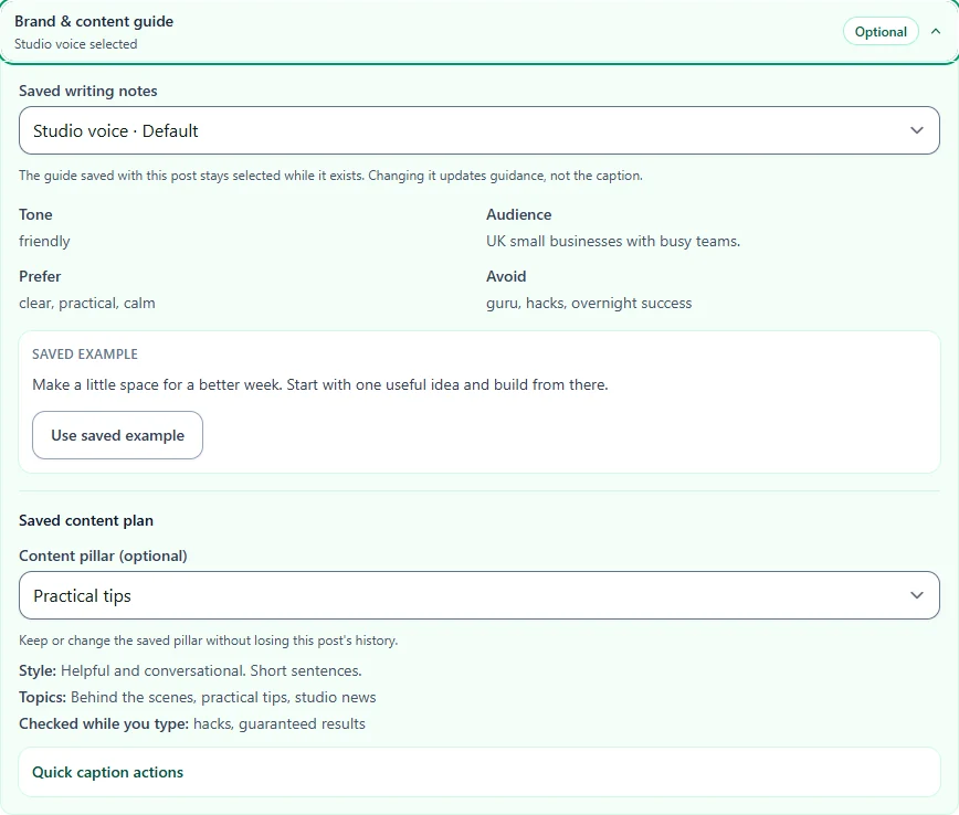 Monkey404 writing guide containing saved tone, preferred words and reusable caption guidance.