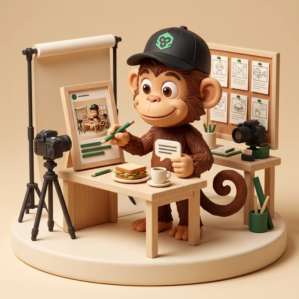 Patch checks an illustrated social post with a pencil and a feedback card at his creative workbench.