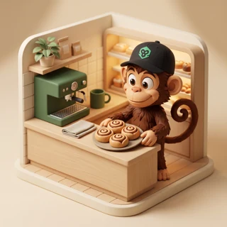 Illustrated example: Patch sets cinnamon buns on a miniature café counter.