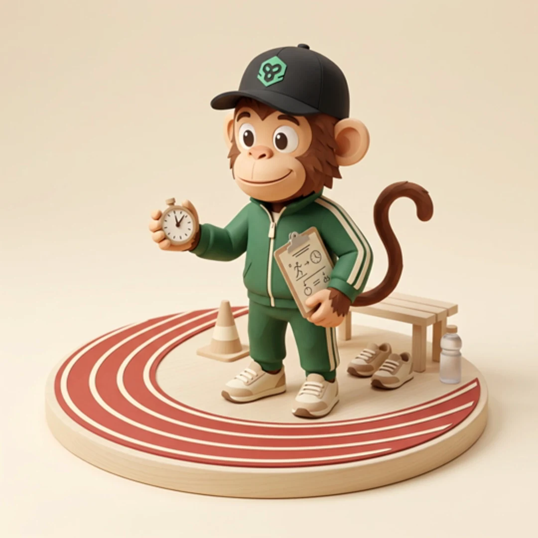 Patch wears a tracksuit and holds a stopwatch beside the running track.