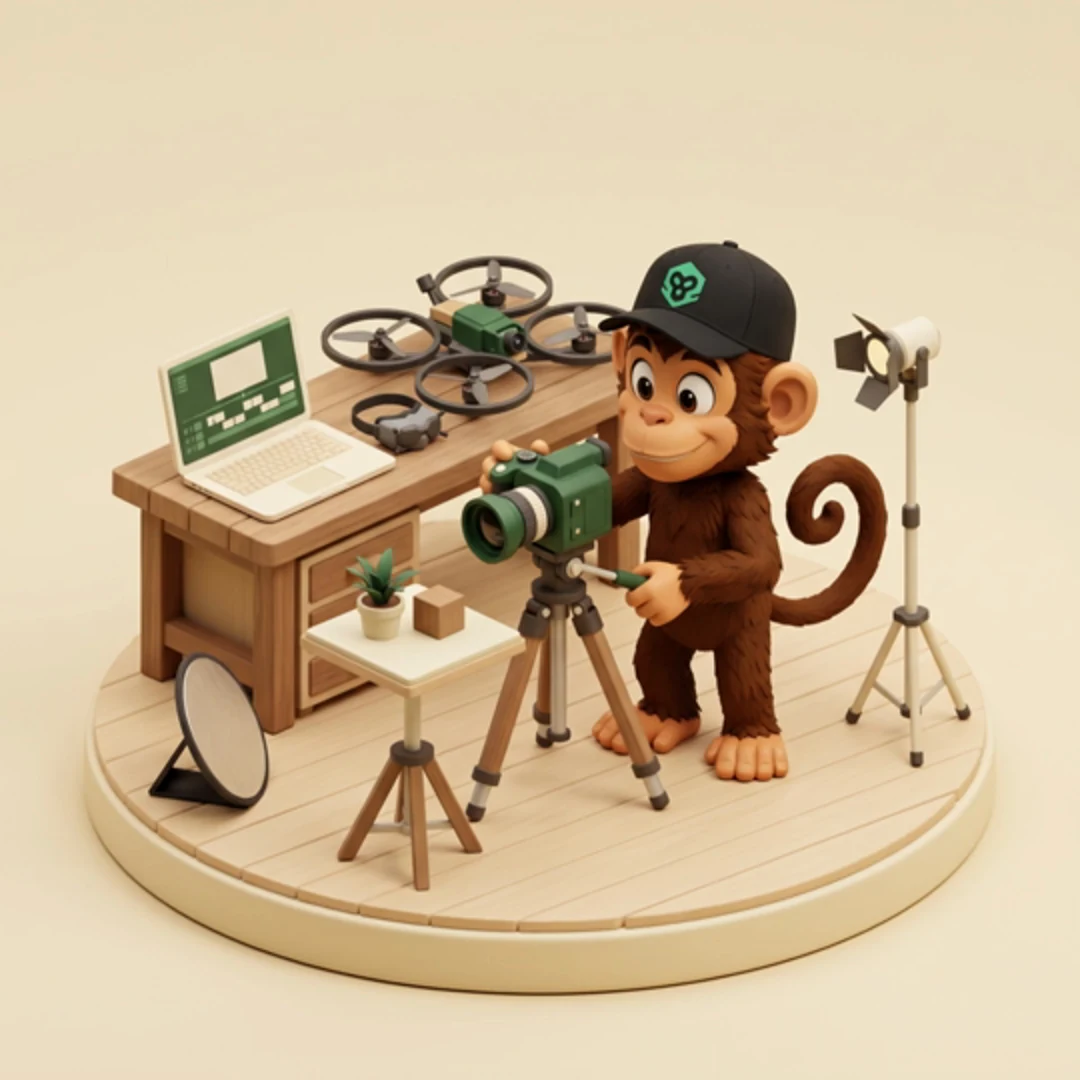 Patch prepares a camera, drone and editing station for a creative project.