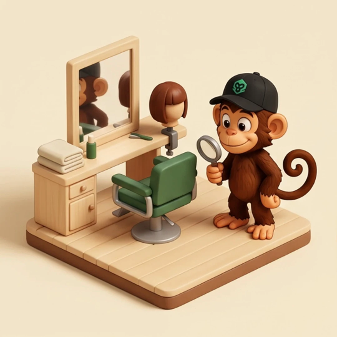 Patch checks the details at his miniature salon with a magnifying glass.