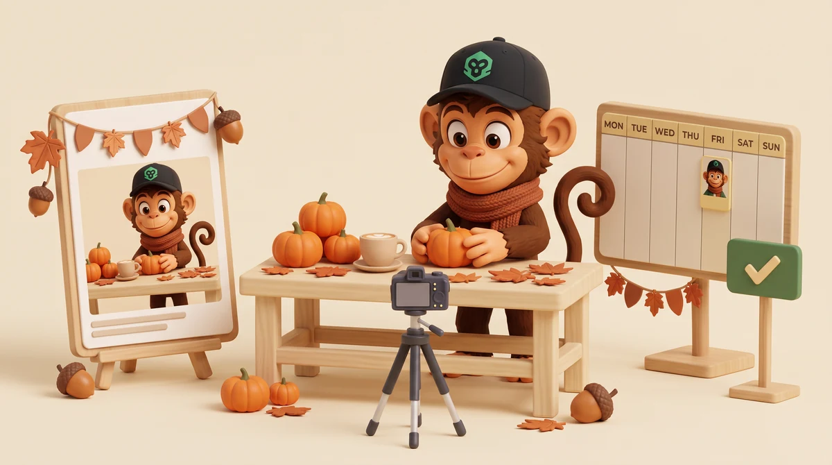 Patch wears his branded black cap and a rust scarf while arranging pumpkins beside a latte, autumn leaves, a camera, a social-post preview and content calendar.