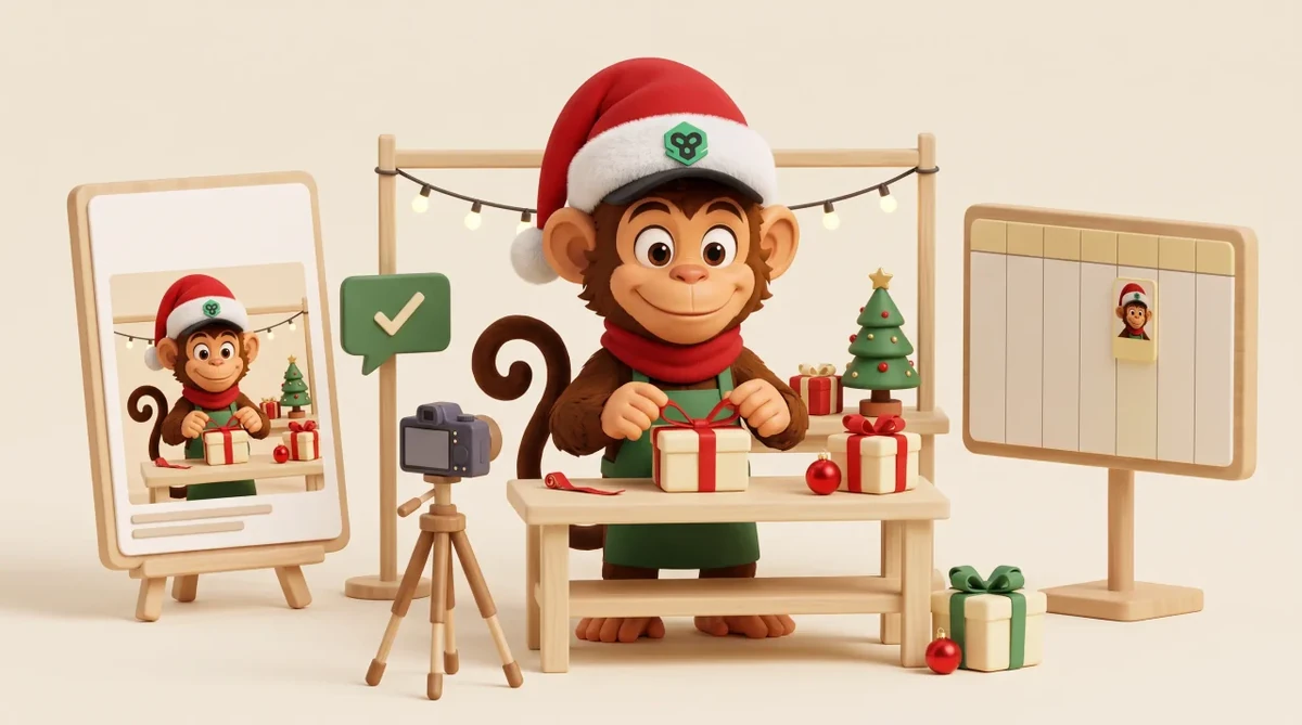 Patch wears a branded red Santa hat and ties a ribbon around a present, beside a Christmas tree, fairy lights, a post preview and content calendar.