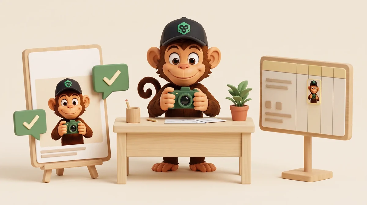Patch holds his camera at an open workbench, beside a matching social-post preview, client-feedback check and content calendar.