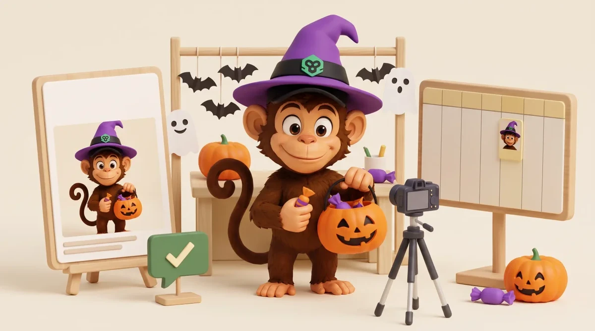 Patch wears a purple witch hat with the Monkey404 emblem and fills a pumpkin bucket with sweets, beside paper ghosts, bats, a post preview and calendar.