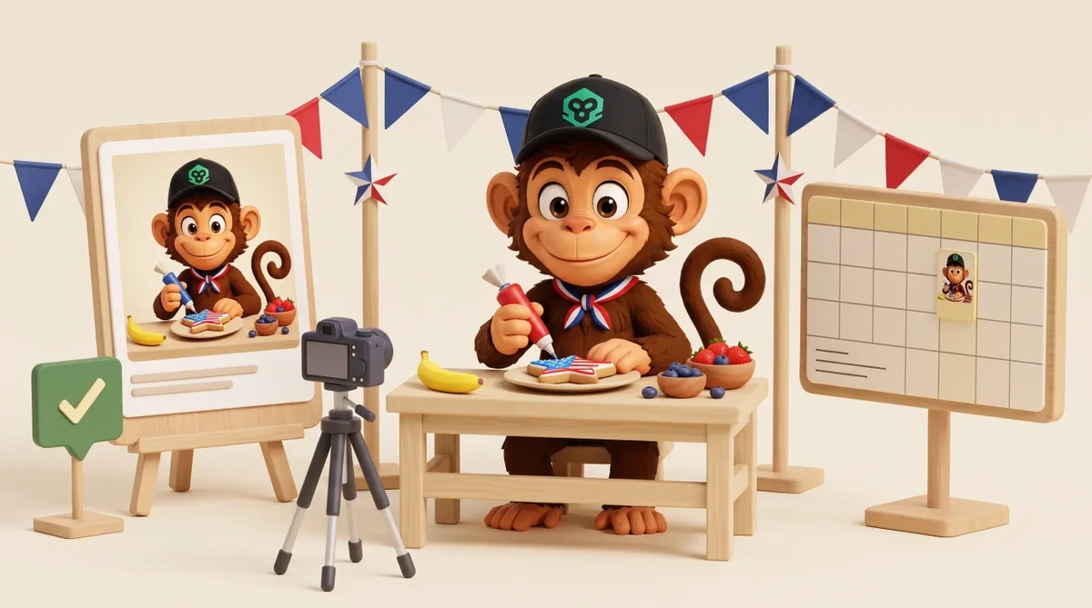 Patch decorates a star-shaped biscuit with red, white and blue icing beneath summer bunting, beside a matching post preview, feedback check and content calendar.